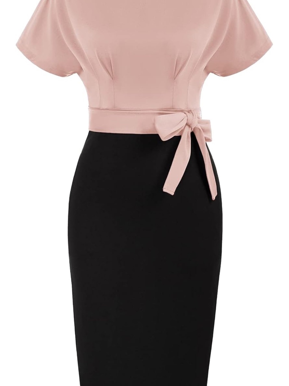 Two-Tone Pink and Black Midi Dress with Waist Belt - Picture 6 of 6